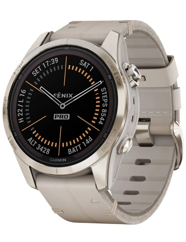 Смарт-годинник Garmin Fenix 7S Pro Sapphire Solar, Soft Gold with Limestone Leather Band