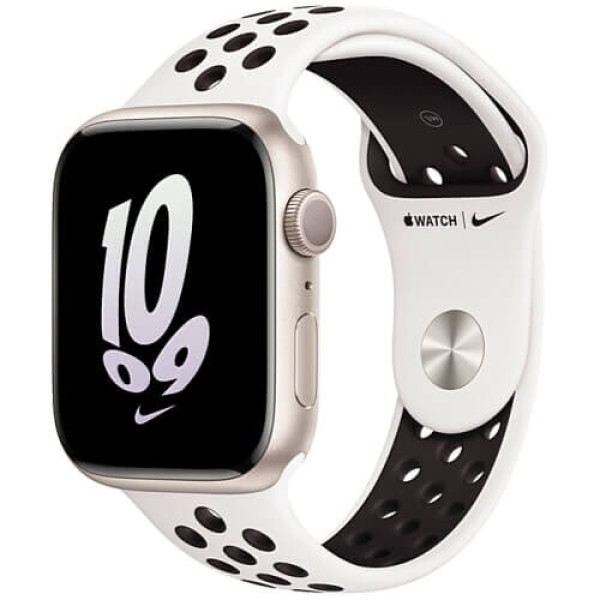Apple Watch Series 8 45mm Starlight Aluminum Case with Summit White/Black Nike Sport Band (MPH13)