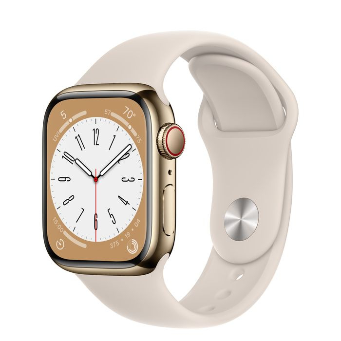 Apple Watch Series 8 41mm GPS + LTE, Gold Stainless Steel Case with Starlight Sport Band (MNJC3)