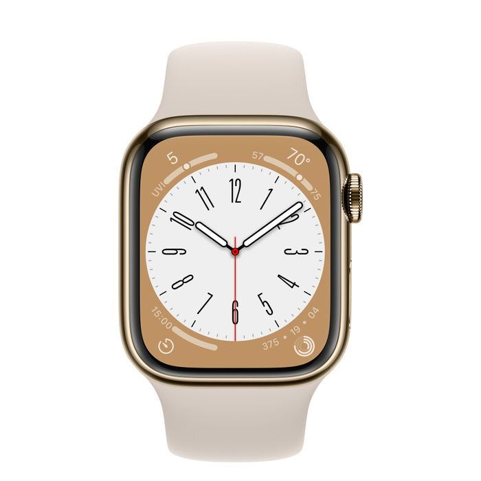 Apple Watch Series 8 41mm GPS + LTE, Gold Stainless Steel Case with Starlight Sport Band (MNJC3)