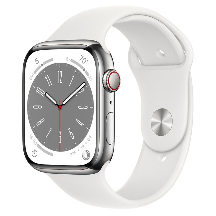Apple Watch Series 8 41mm GPS + LTE, Silver Stainless Steel Case with White Sport Band (MNKE3)