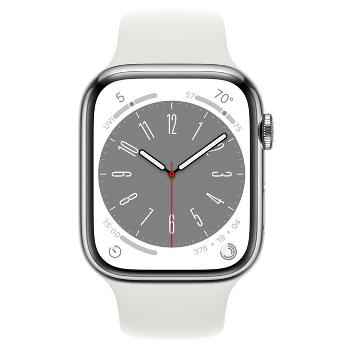Apple Watch Series 8 41mm GPS + LTE, Silver Stainless Steel Case with White Sport Band (MNKE3)