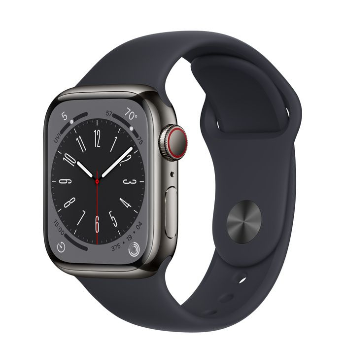 Apple Watch Series 8 41mm GPS + LTE, Graphite Stainless Steel Case with Midnight Sport Band (MNJJ3)