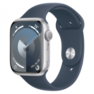 Apple Watch Series 9 45mm Silver Aluminium Case with Storm Blue Sport Band - M/L (MR9E3)