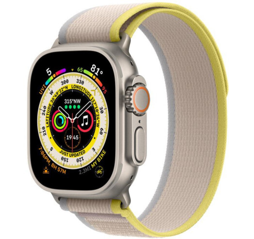 Apple Watch Ultra 49mm GPS + LTE Titanium Case with Yellow/Beige Trail Loop - S/M (MNHK3)